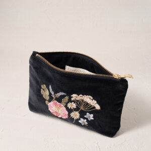 Elizabeth Scarlett Pressed Flowers Charcoal Velvet Mini Pouch